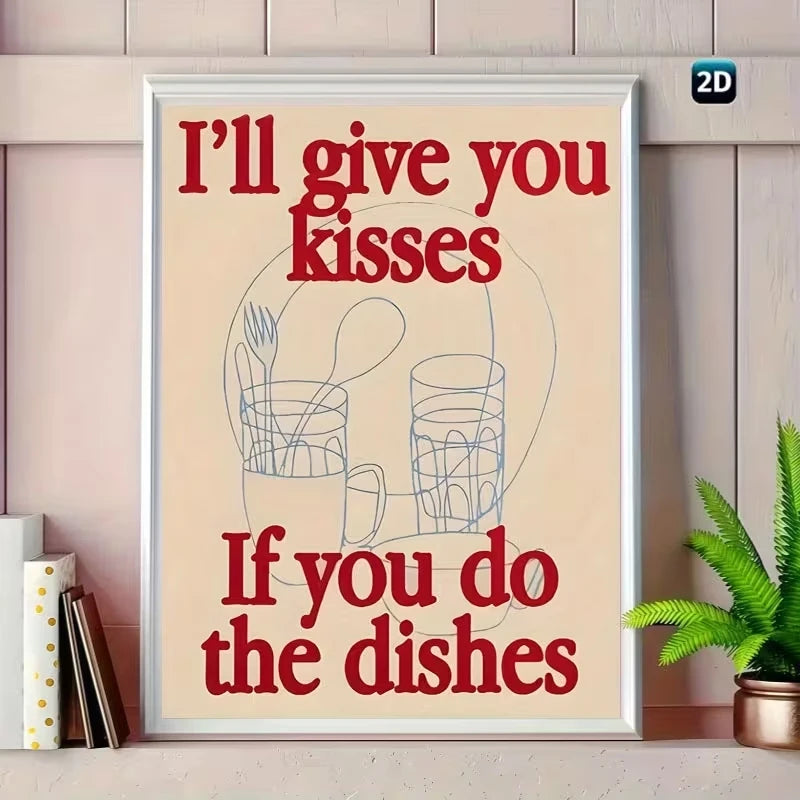 Funny "Kisses If You Do The Dishes" Kitchen Canvas Wall Art