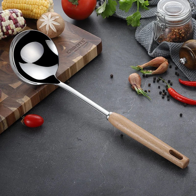 6-Piece Wooden Handle Stainless Steel Kitchen Utensil Set – Beech Wood Cooking Spoons & Spatulas