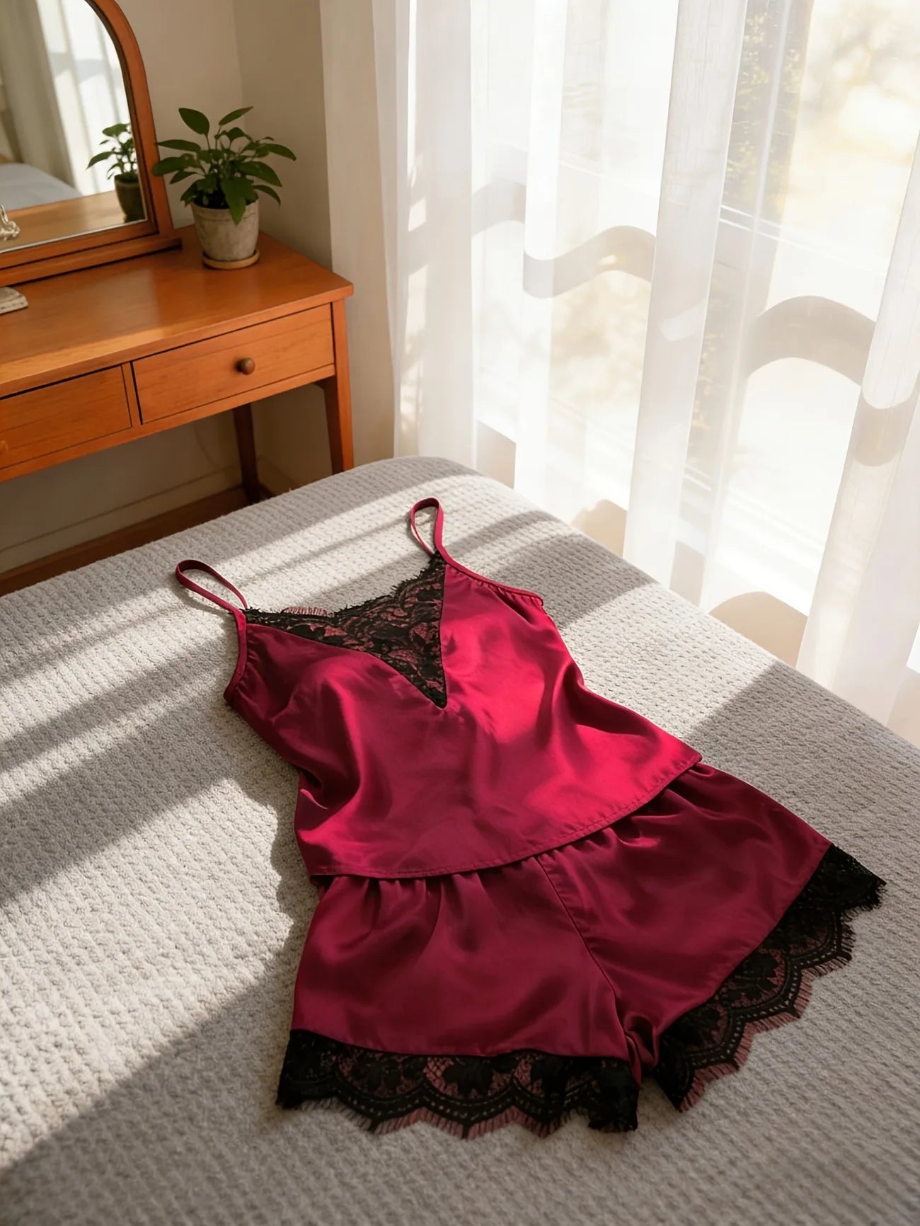 Satin Lace Trim Nightdress for Women Elegant Slip Sleep Dress Lightweight Sleeveless Homewear Peaceful Pleasures Health and Wellness WineRed One Size