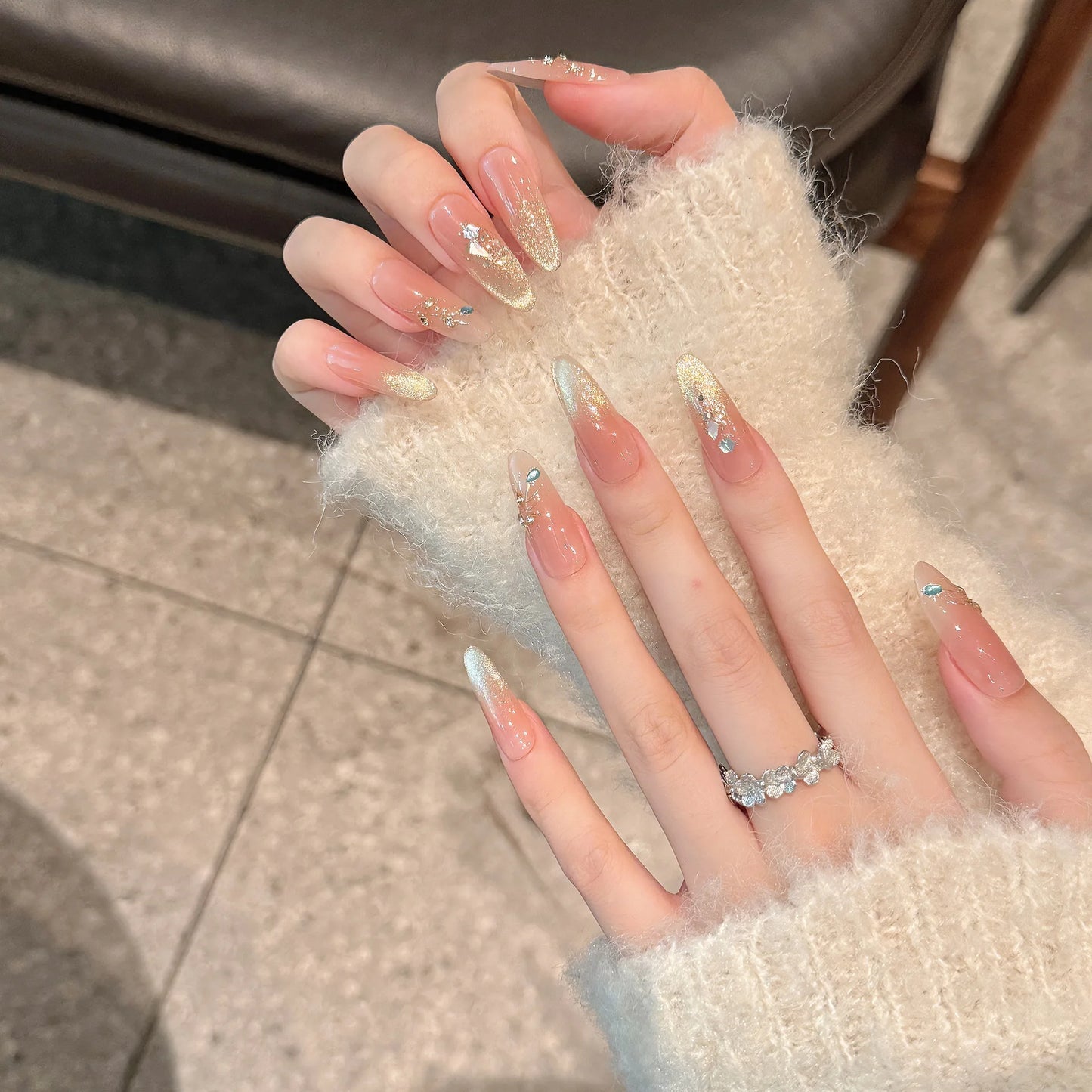 Handmade Press on Nails Shiny Gradient Gold Powder False Nails Daily Wearable Manicure DIY French Cat Eye Fake Nail Tips Peaceful Pleasures Health and Wellness XS