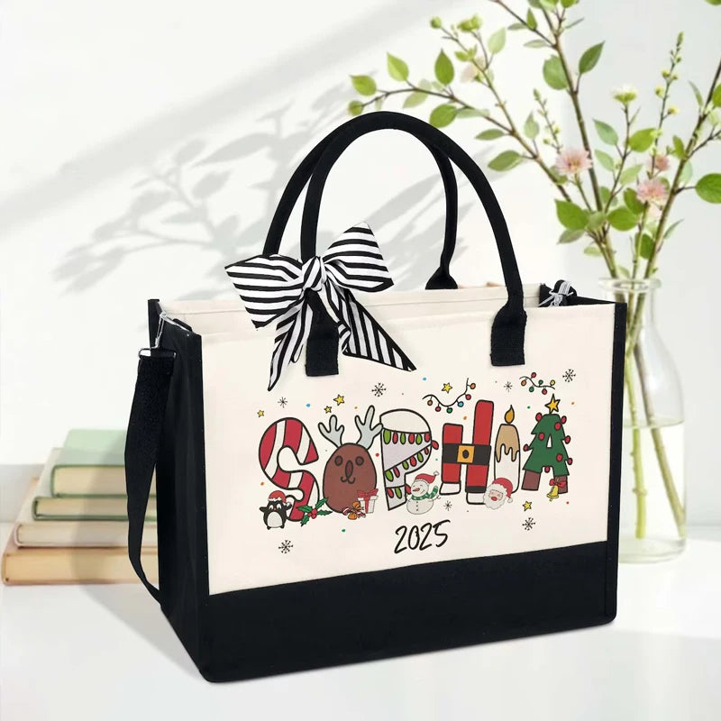 Personalized Christmas Burlap Tote Bag | Custom Name Xmas Gift Personalized Tote Bag Peaceful Pleasures Health and Wellness