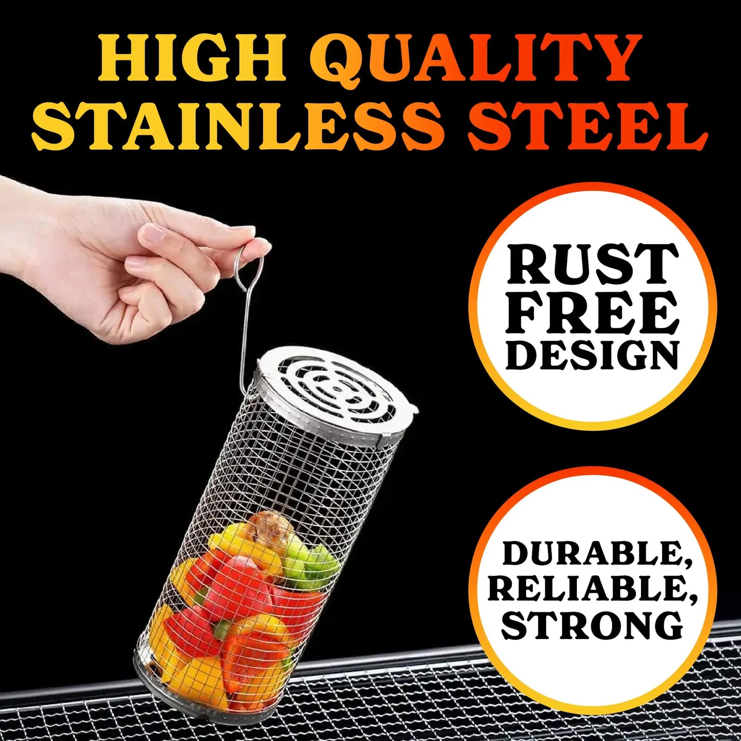 Rolling Stainless Steel BBQ Grill Basket – Cylinder Mesh Drum
