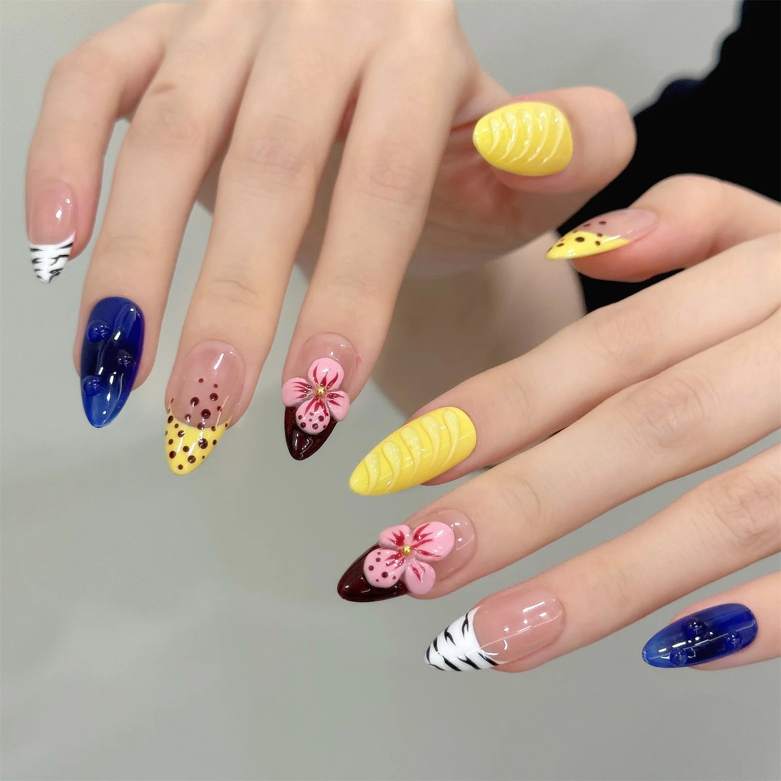 10pcs Handmade Press on Nails Crystal Striped Almond French Nail Art Fake Nails Tips Wearable 3D Carved Flower False Nails Decor Peaceful Pleasures Health and Wellness
