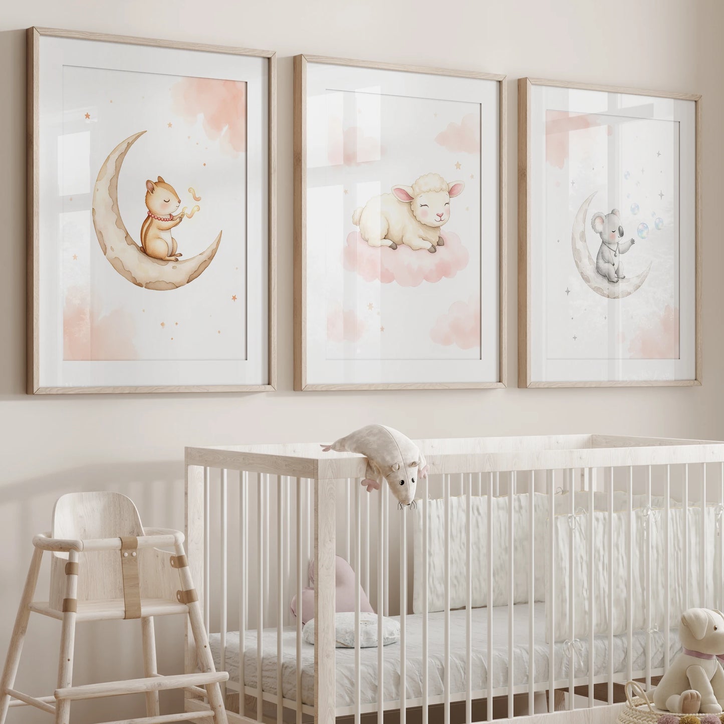Cartoon Watercolor Dream Animals Canvas Wall Art | Kids Room