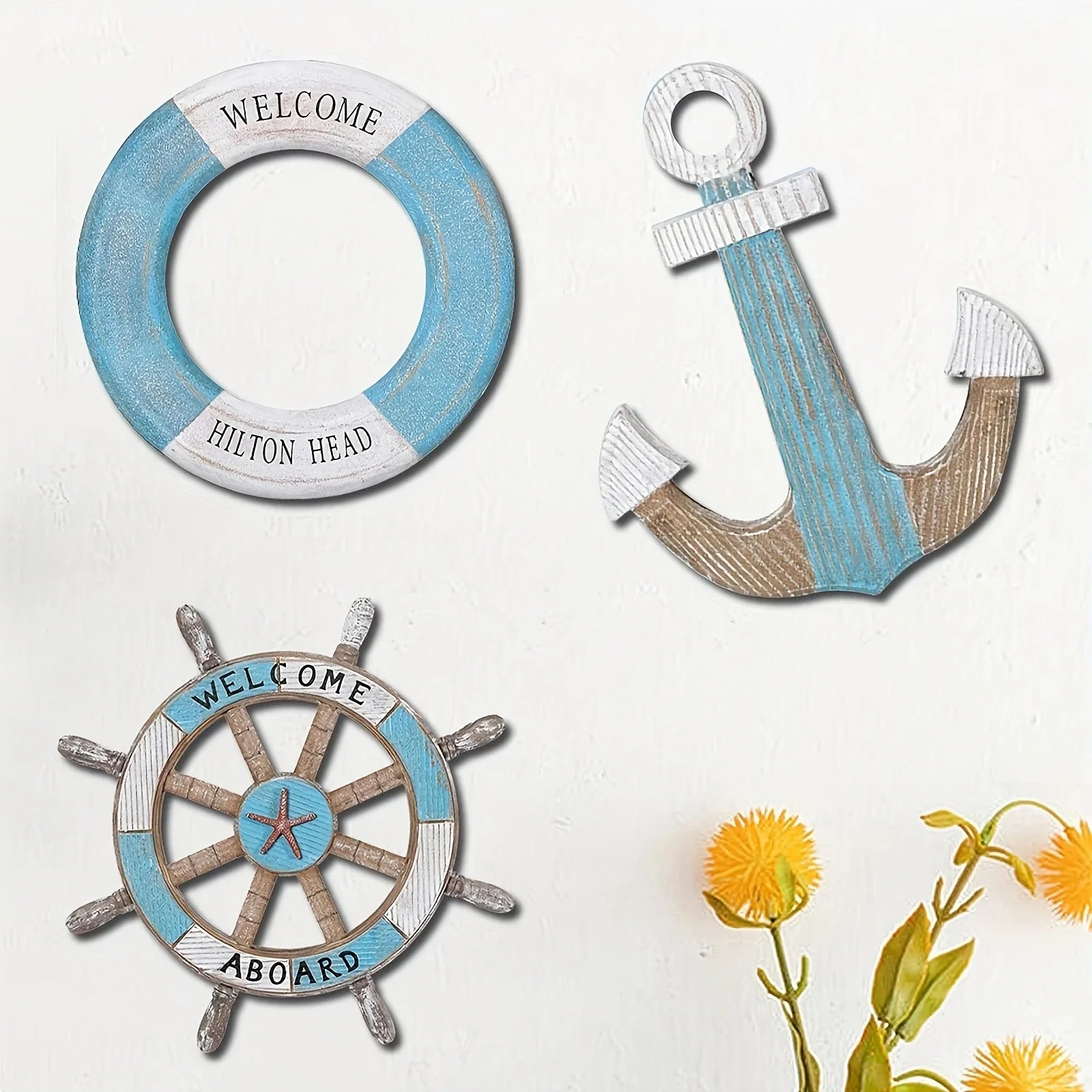 1 Set of Nautical-Themed Home Decor Wooden Anchors, Helms, and Lifebuoys Ocean-Themed Wall Hanging Decorations Indoor Nautical Decor Can Be Used for Wall Decoration at Outdoor Parties and Yard Gatherings Peaceful Pleasures Health and Wellness