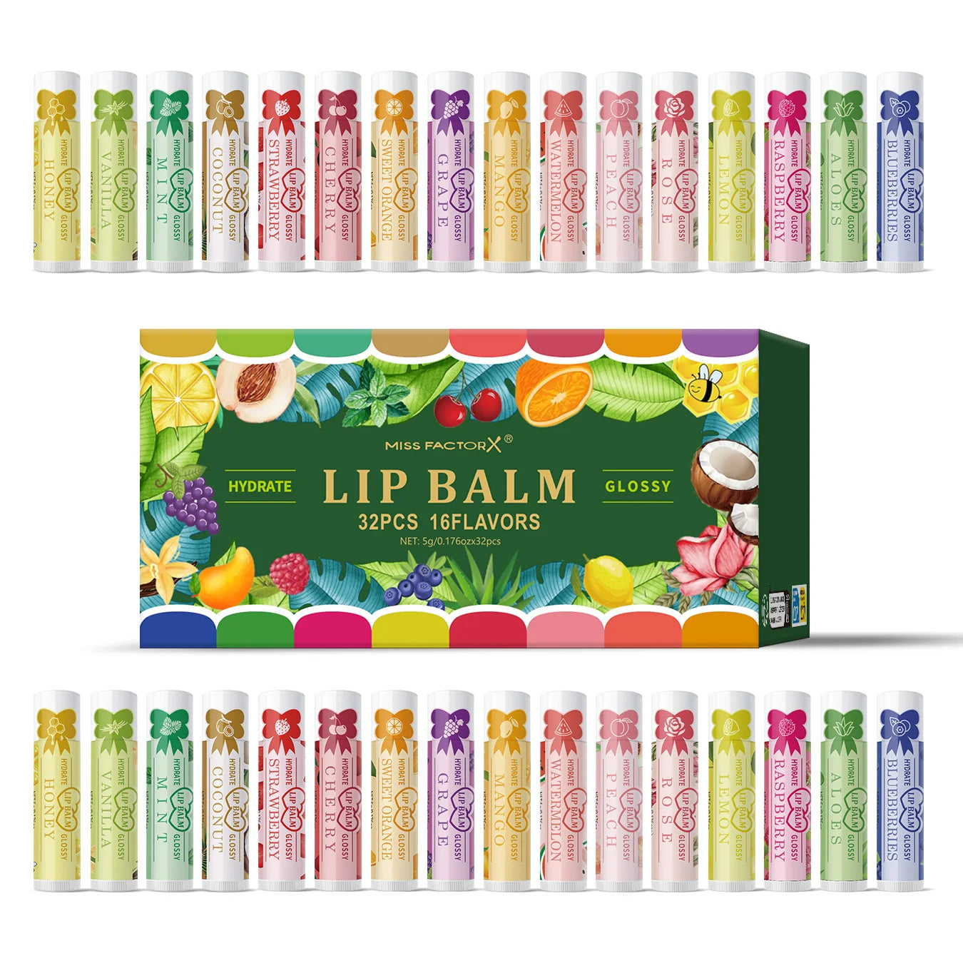 32 piece colored lipstick set -16 fragrance, natural finish, moisturizing lip care, lasting, suitable for all skin types Peaceful Pleasures Health and Wellness 32PCS lipstick set