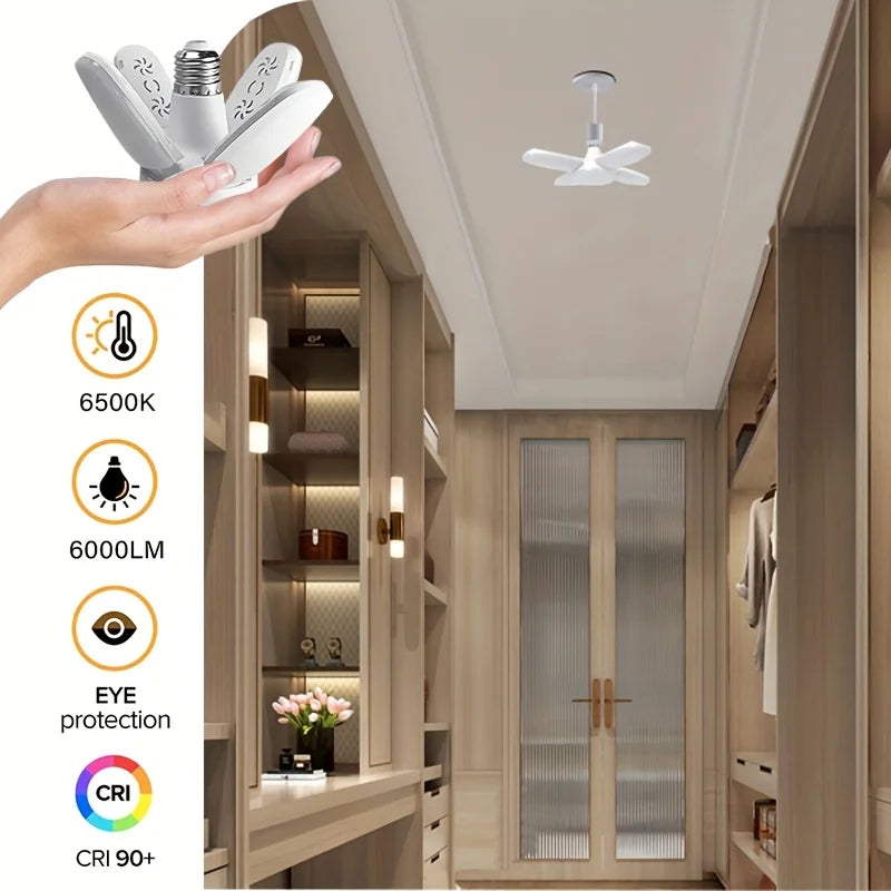 E27 28W Foldable Fan LED Bulb 360° 6500K Garage & Home Light