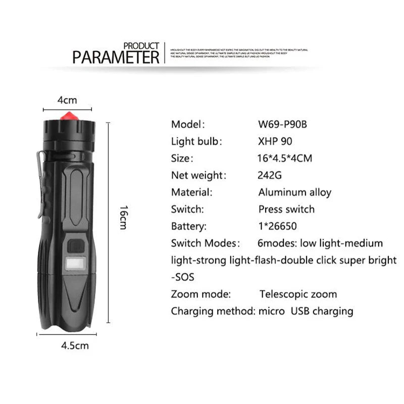 POCKETMAN 3800 Lumen Tactical Flashlight USB Rechargeable LED