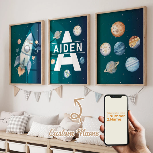 3-Piece Personalized Blue Planet Canvas Wall Art | Kids Decor Canvas Wall Art Peaceful Pleasures Health and Wellness GA-CH168-3pcs 60x80cm Unframed