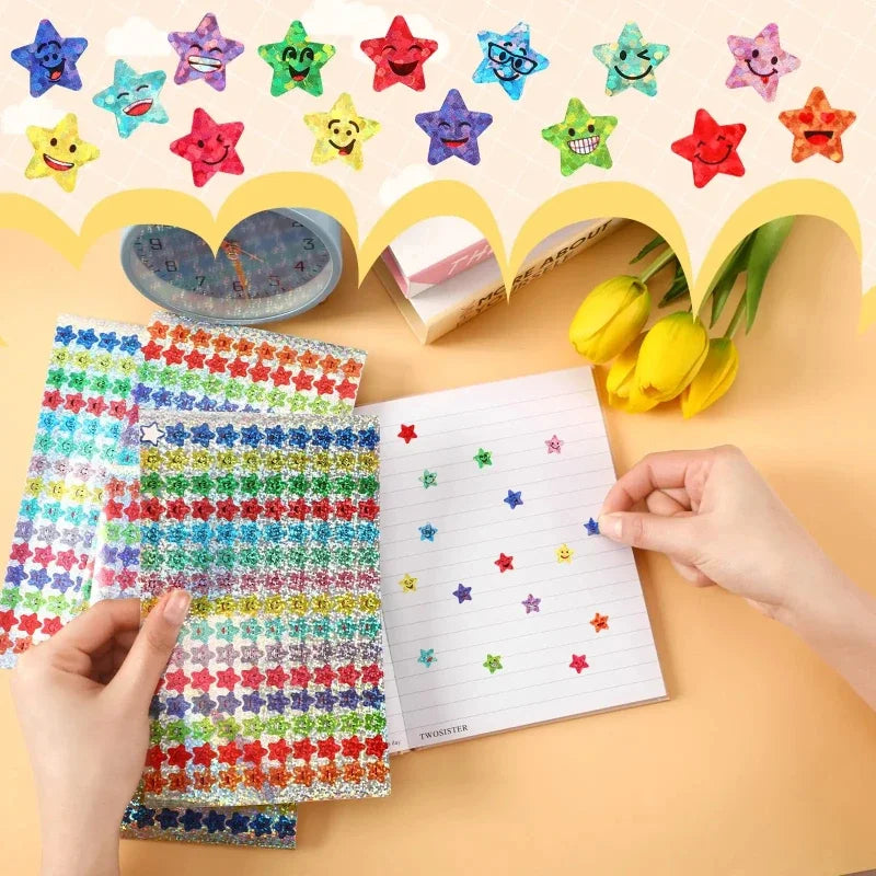 Glitter Foil Small Star Stickers 15 Designs Happy Face Suitable DIY