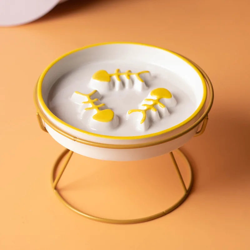 New Practical Cat Bowl Ceramic Slow Food Plate Bowl Slow Food Anti Choking Grain Bowl High Foot Protection Spine Anti Black Chin Peaceful Pleasures Health and Wellness yellow