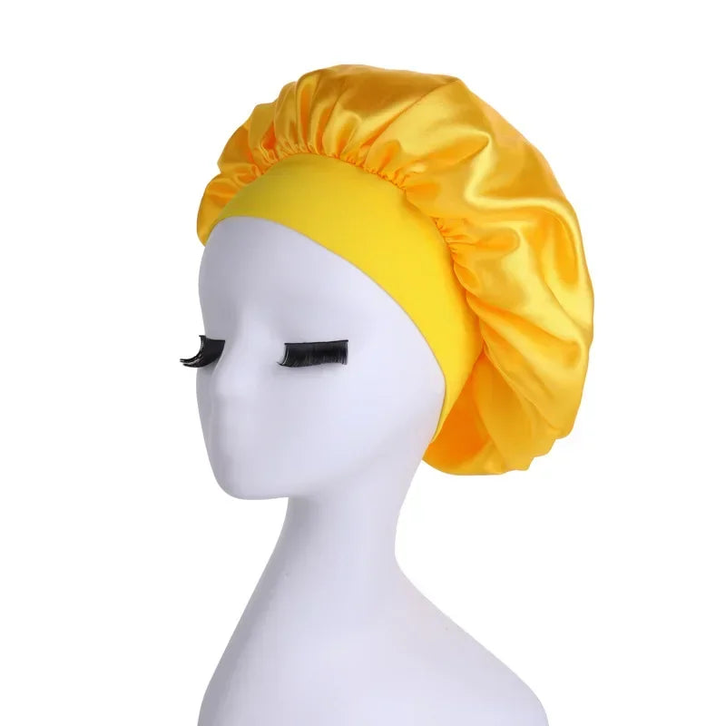 Women's Satin Solid Wide-brimmed Sleeping Hat Night Sleep Cap Hair Care Bonnet Nightcap for Women Men Unisex Cap Bonnet De Nuit Peaceful Pleasures Health and Wellness YELLOW