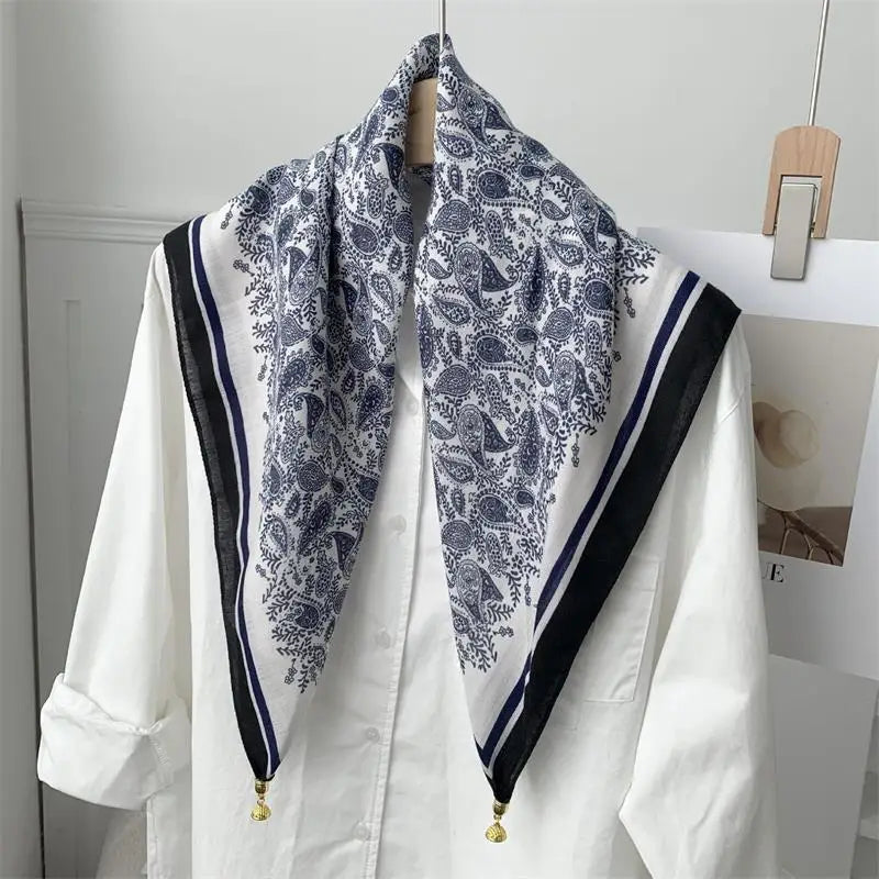 70x70 Retro Print Square Silk Scarf with Magnetic Buckle