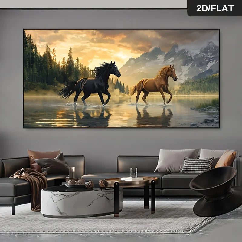 Frameless 2D Flat Modern Abstract Running Horse Wall Art Canvas Painting Art for Living Room Modern Canvas Poster Wall Decor Peaceful Pleasures Health and Wellness