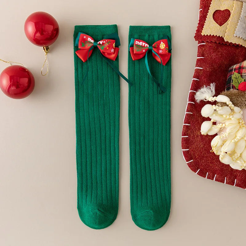 Girls' Christmas Long Socks | Bowknot Holiday Stockings Kids