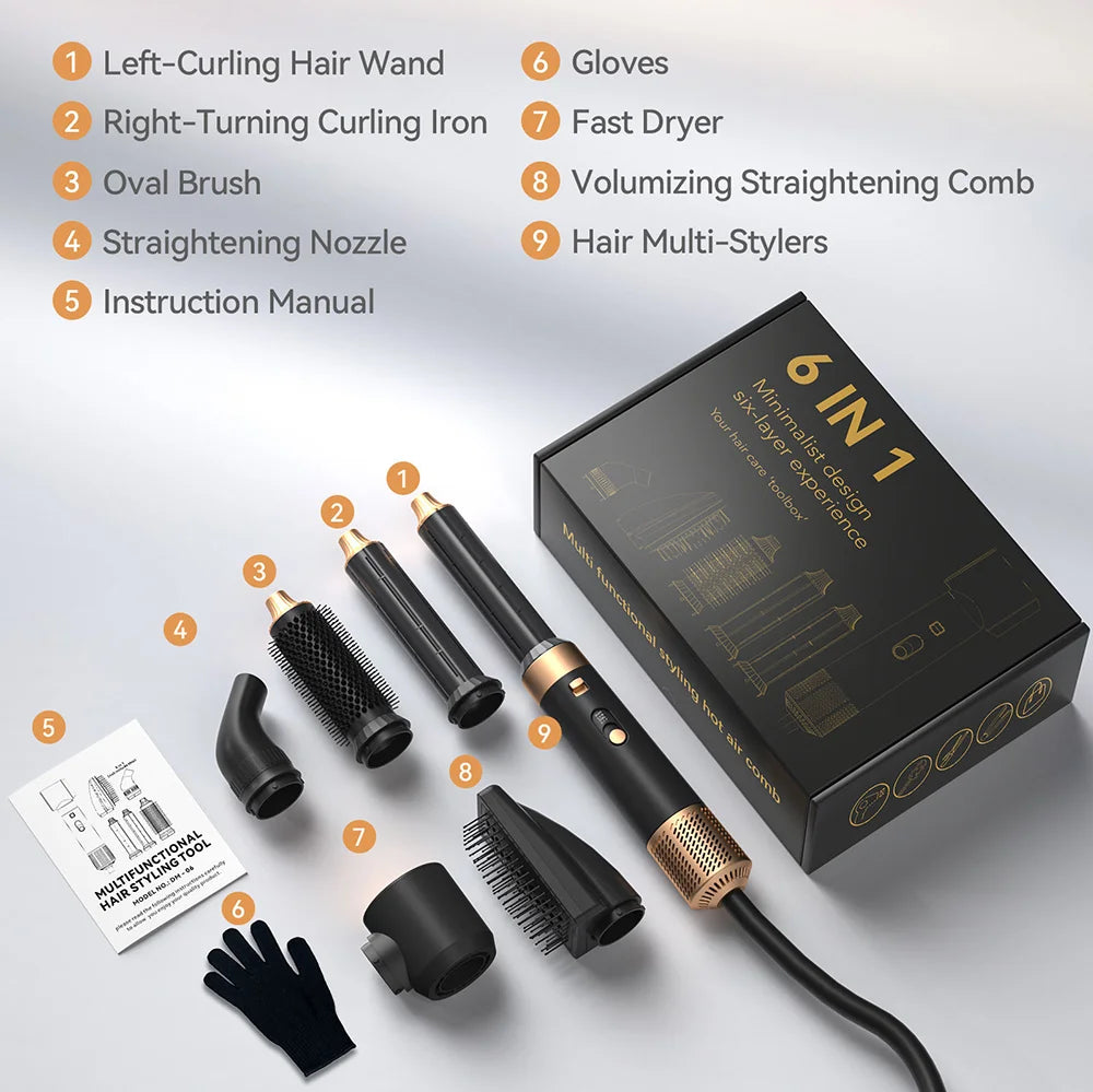 Professional 6 in 1 Hair Dryer Hot Air Comb Multi-Function Hair Styling Blow Dryer Brush Curling Iron Hair Straightener for Home Peaceful Pleasures Health and Wellness