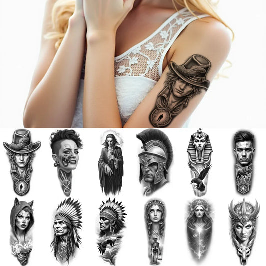 12pc Black & Grey Temporary Tattoos – Skull, Warrior & Animal Temporary Tattoo Set Oasis Select