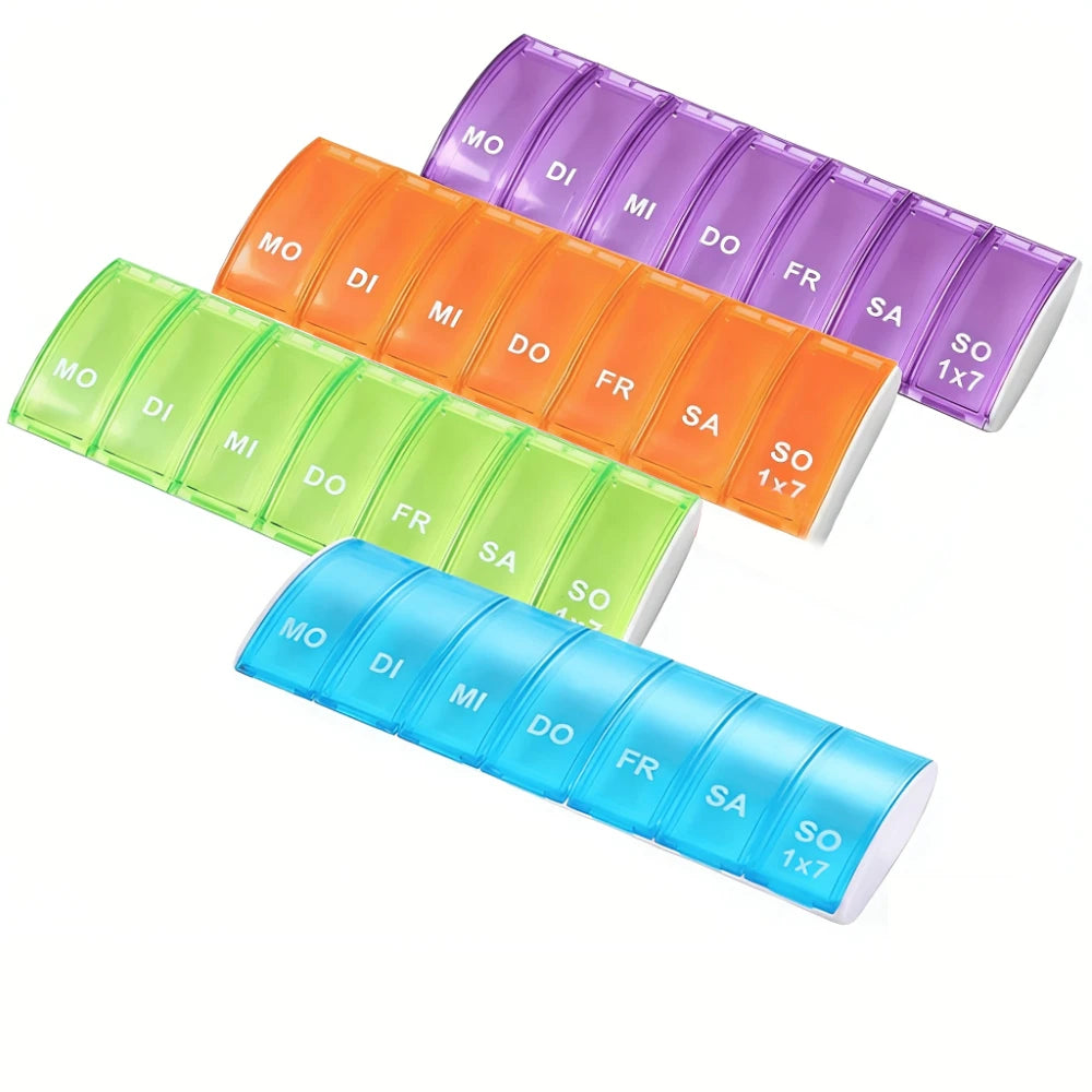 7Day Pill Organizers with Labeled Compartments Monday to Sunday Color-Coded for Travel And Daily Use Featuring a Vibrant Familie Peaceful Pleasures Health and Wellness