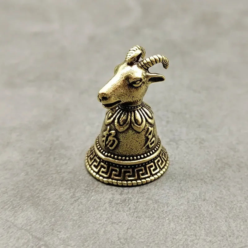 Brass Chinese 12 Zodiac Animals Heads Bell Keychain Pendants Jewelry Vintage Copper Feng Shui Car Key Chain Hanging Keyring Gift Peaceful Pleasures Health and Wellness sheep