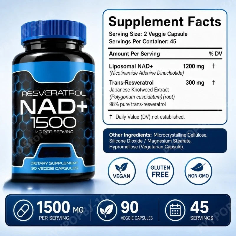 Liposomal NAD+ 1200mg & Trans-Resveratrol 300mg | 90 Vegan Caps