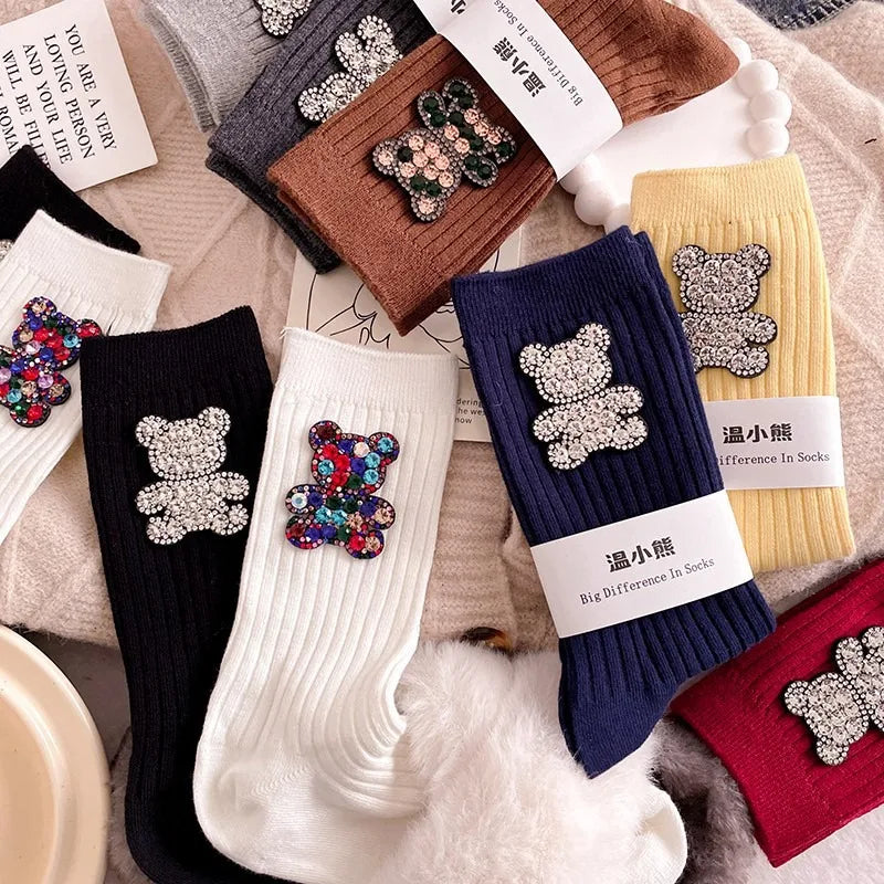 Diamond Cartoon Bear Decorative Socks, Fashionable Diamond Sparkling Women's Socks, Comfortable And Breathable Christmas Socks Peaceful Pleasures Health and Wellness