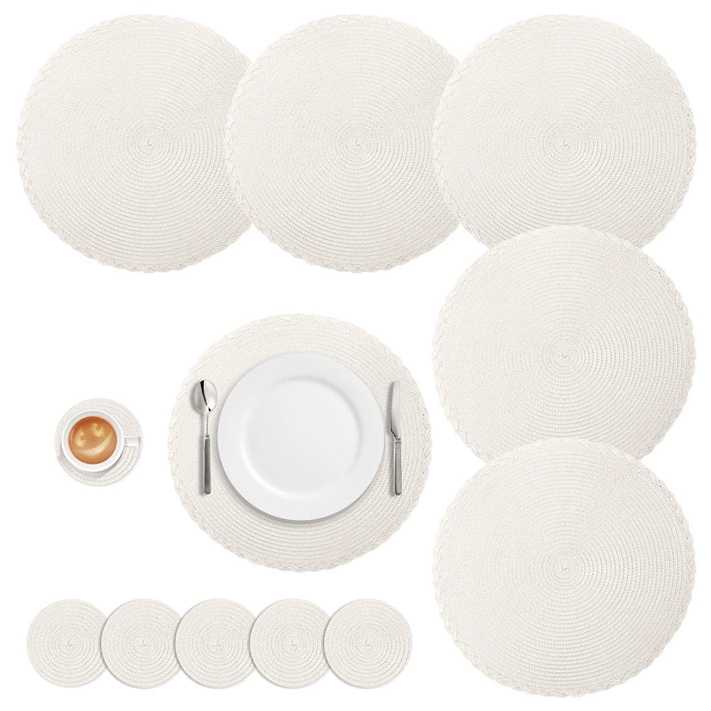 Round Braided Set of 6 Washable Round Placemats for Christmas Kitchen Wedding Dining Table 34cm Woven Heat Resistant Place Mats Peaceful Pleasures Health and Wellness cream 3 sets Round