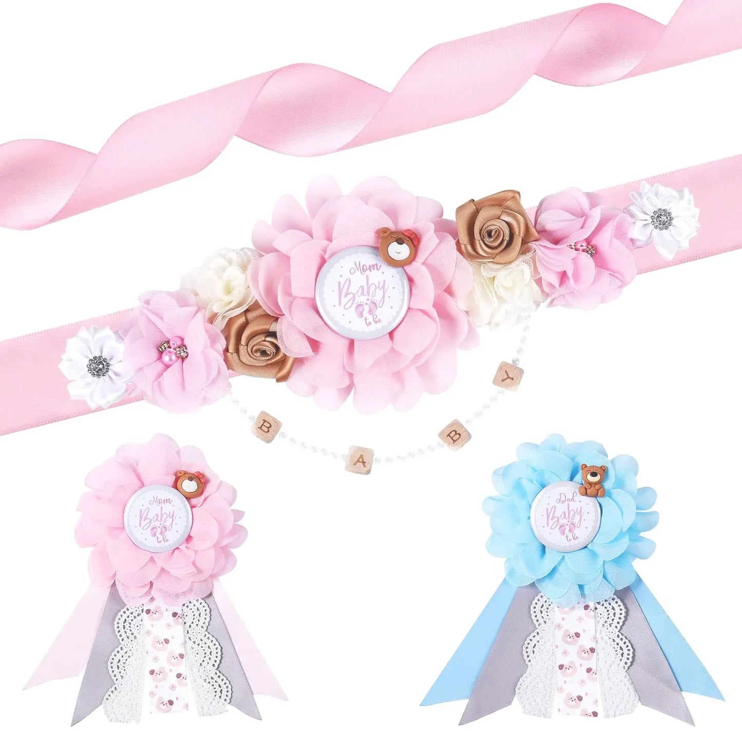 Flower Maternity Sash Set – Baby Shower Mom & Dad Corsage Pin