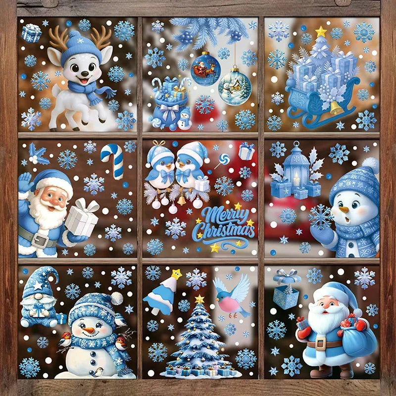 Blue Christmas Window Clings – Santa, Snowflakes & Reindeer Set