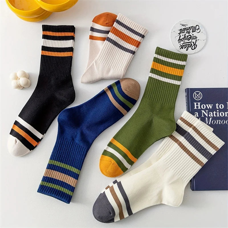 5 Pairs Men's Colorful Striped Casual Socks, Fashionable Sports Socks, Sweat Absorbing And Breathable, Suitable For All Seasons Peaceful Pleasures Health and Wellness