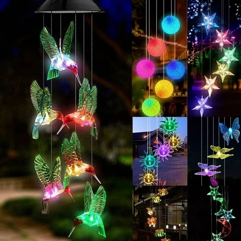 LED Solar Wind Chime Crystal Ball Hummingbird Light Changing