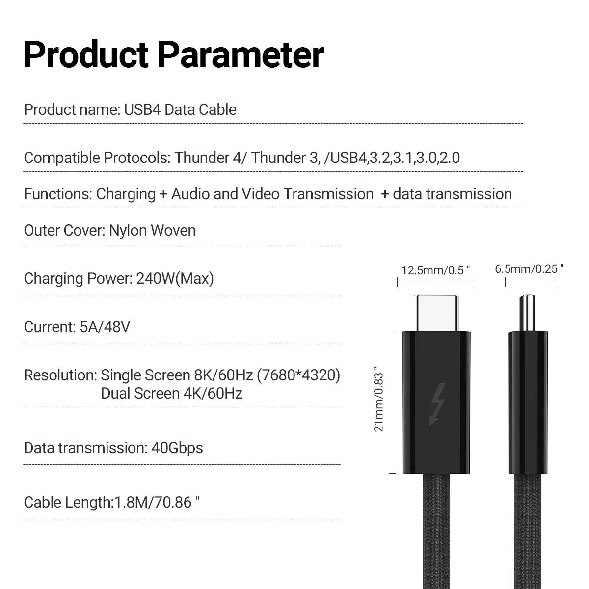 USB 4.0 Type-C Cable 240W 40Gbps 8K Thunderbolt 3/4 | Gopala