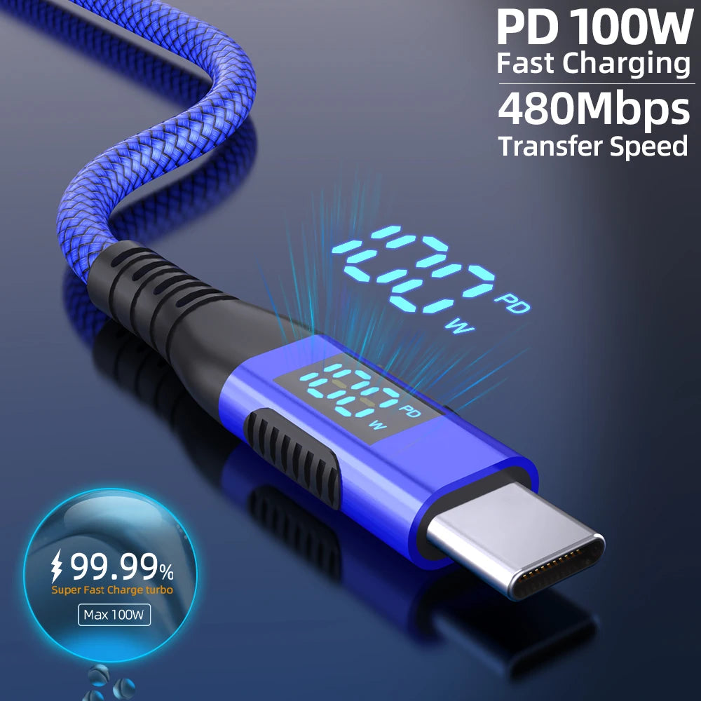 100W USB-C Fast Charging Cable with LED Display | 1M 2M 3M Peaceful Pleasures Health and Wellness