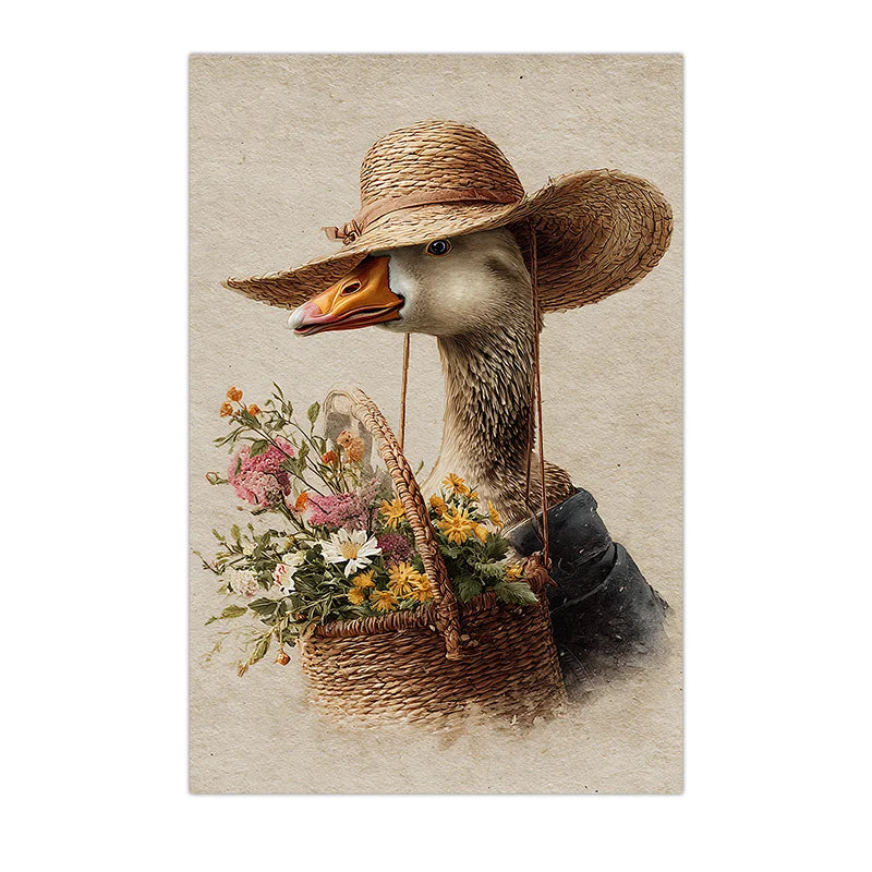 Vintage Animal Wall Art, Whimsical Duck Floral Canvas Painting, Cute Farm Mallard Poster Print for Bedroom Living Room Decor Peaceful Pleasures Health and Wellness 01 40x60cm No Frame China Mainland