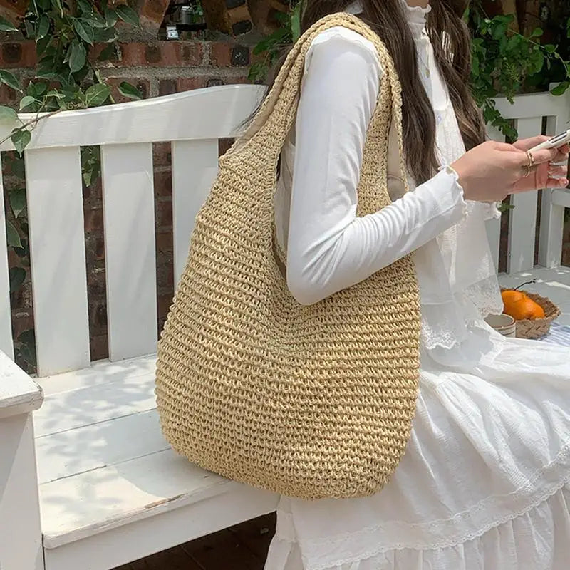 2025 New Style Woven Bag Women's Fashionable and Versatile Summer Beach Bag Large Capacity Woven Handbag Shoulder Bag Peaceful Pleasures Health and Wellness