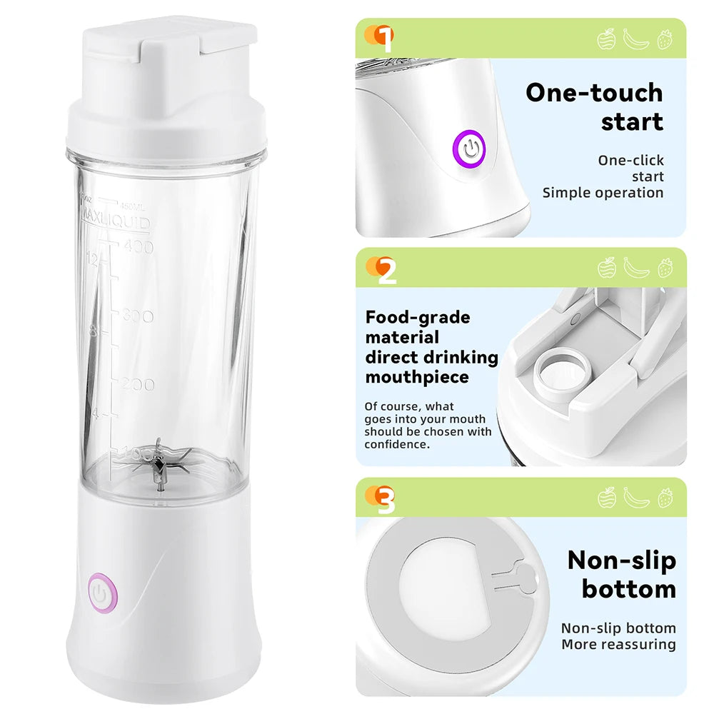 12 Blades Portable To-go Blender Cup Personal 450ml Smoothie Shake Maker Cup Juicer Drink Mixer Bottle Gym 304 Stainless Steel Peaceful Pleasures Health and Wellness