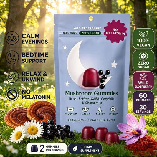 Mushroom Gummies – Reishi, GABA, Saffron & Chamomile | 60ct Mushroom Supplement Gummies Peaceful Pleasures Health and Wellness