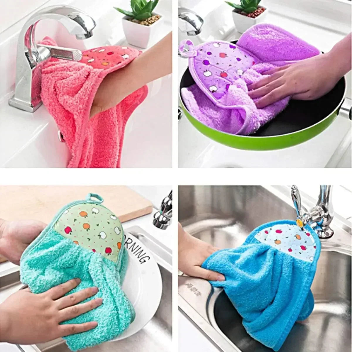 4-Pack Cartoon Microfiber Dish Cloths & Hanging Hand Towels