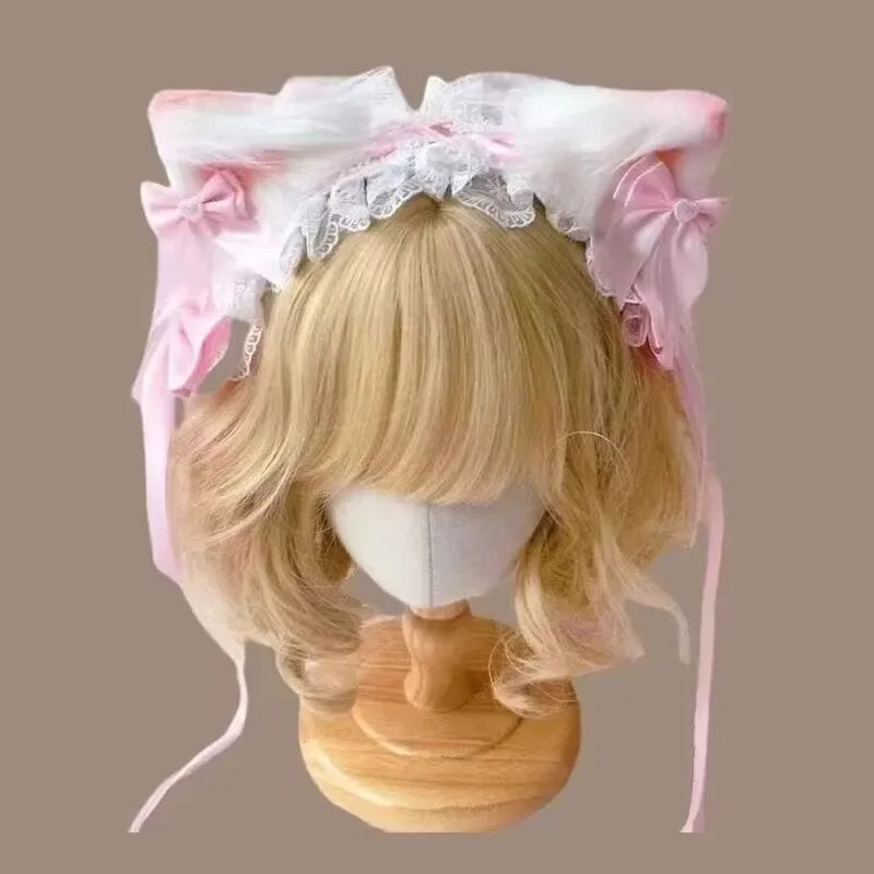 Fashionable Cute and Versatile Sweet Lolita Cat Ear Headband Bow Hair Clip KC Headband Animal Ear Headband Lolita Ear Hair Clip Peaceful Pleasures Health and Wellness pink