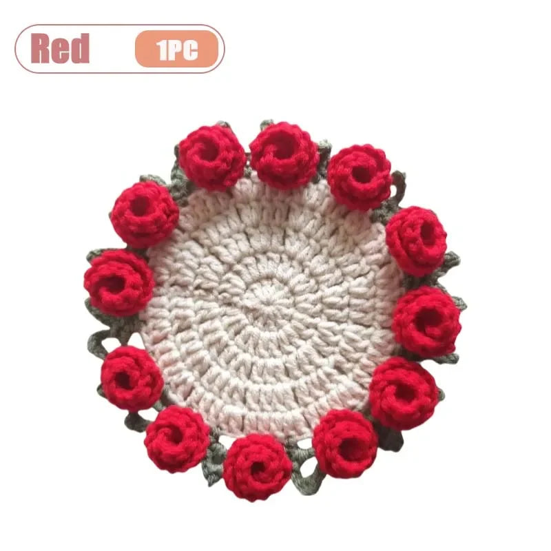 Hand Crochet Rose Flower Coasters | Heat Resistant Wool Mat Set