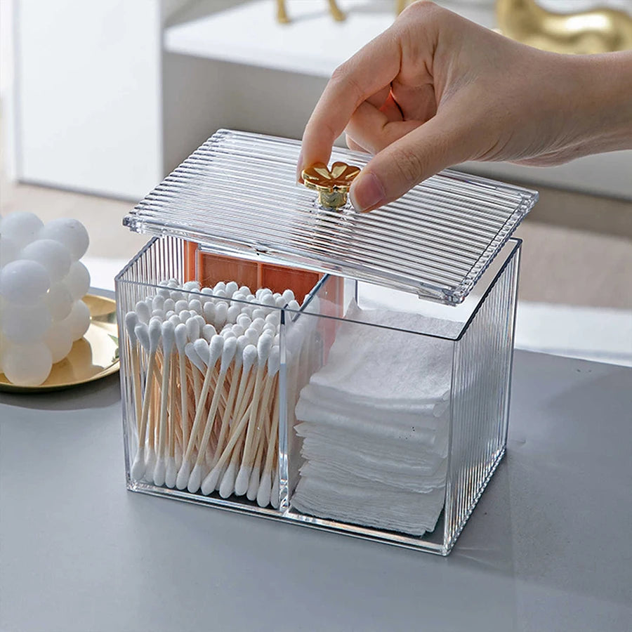 3-Section Clear Apothecary Jar with Lid – Qtip, Cotton Ball & Swab Holder for Bathroom Vanity