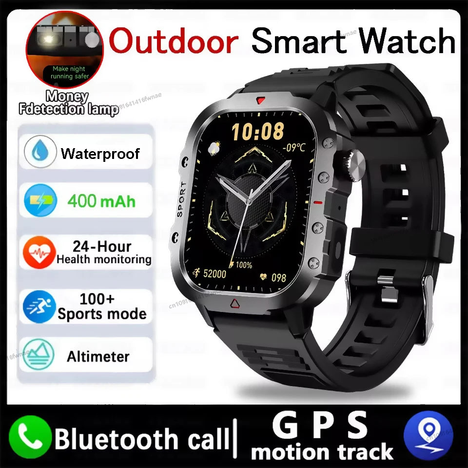 New For Android IOS Military GPS Smart Watch Men Flashlight Health Monitoring Waterproof Outdoor Sport Bluetooth Call Smartwatch Peaceful Pleasures Health and Wellness Black