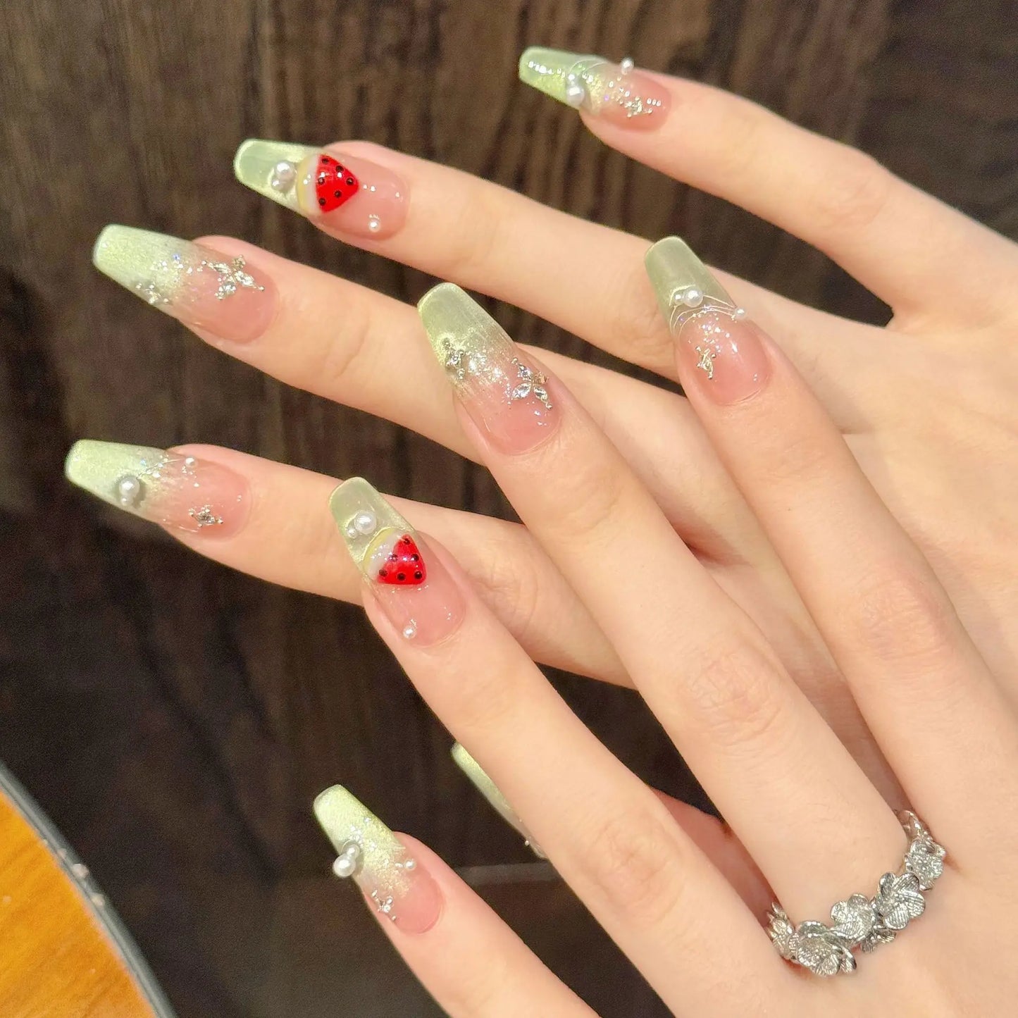 10pcs Handmade Press on Nails Summer Pink Green Almond Fake Nail Tips Women Wearable Full Cover Gradient Cat Eye False Nails Peaceful Pleasures Health and Wellness S