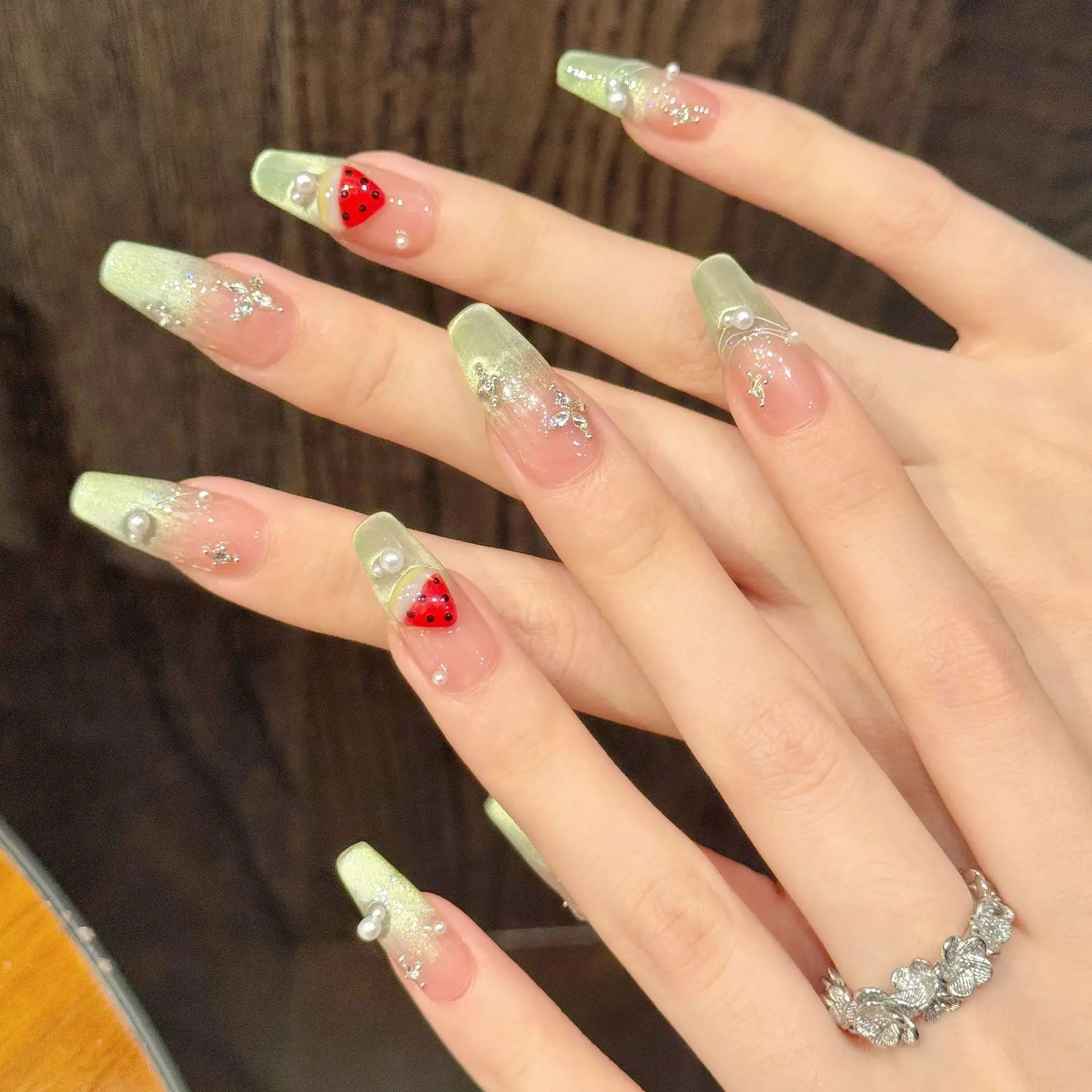 10pcs Handmade Press on Nails Summer Pink Green Almond Fake Nail Tips Women Wearable Full Cover Gradient Cat Eye False Nails Peaceful Pleasures Health and Wellness S