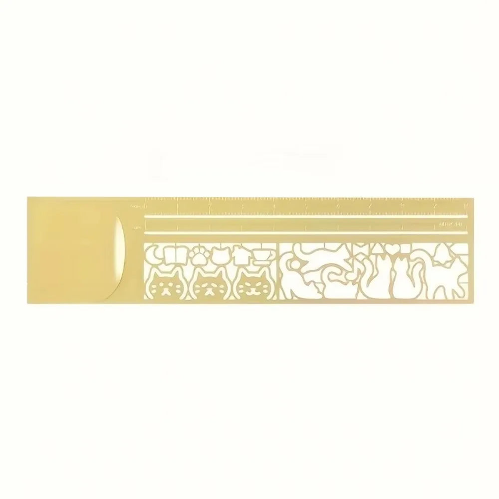 Double-Sided Cat Pattern Ruler Precision Educational Cat Template Ruler Kawaii Stationery Tool Metal Bookmark Painting Drawing Peaceful Pleasures Health and Wellness Gold