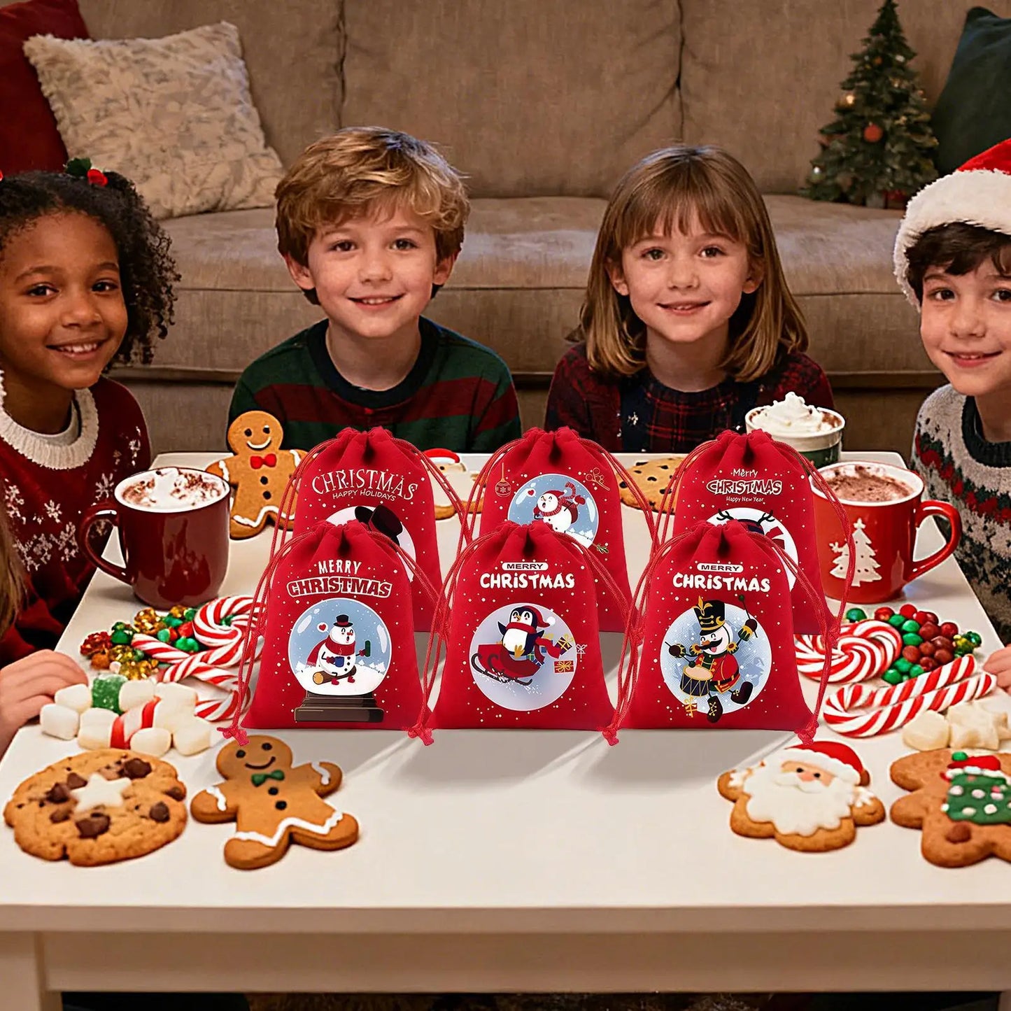 Christmas Drawstring Gift Bags – 6-Piece Reusable Flannel Pouches