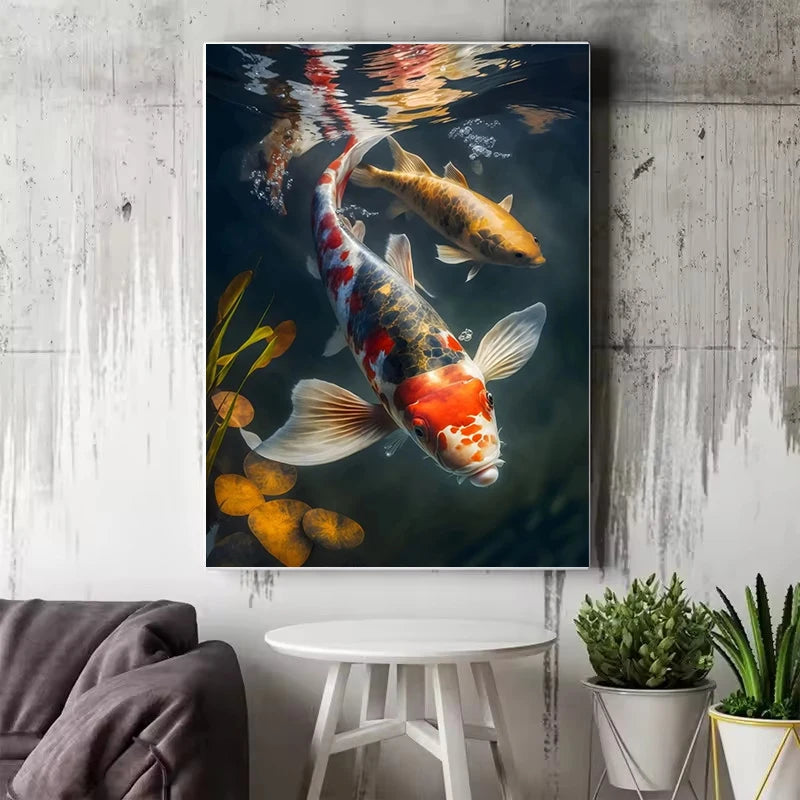 Red Koi Fish Lotus Canvas Wall Art | Good Luck Home Decor