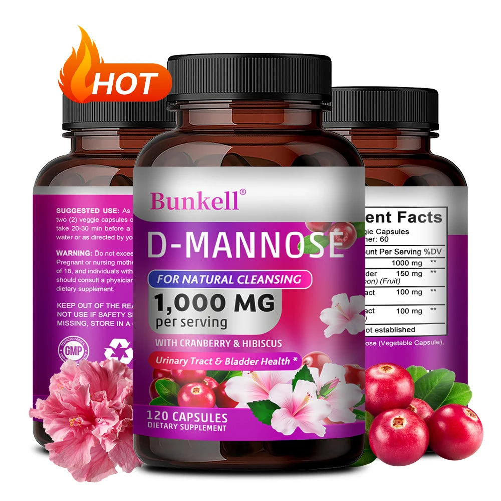 D-Mannose 1000mg Capsules - Cranberry, Hibiscus, Urinary Tract Health, Bladder Support, UTI Defense, Natural Cleansing & Detox Peaceful Pleasures Health and Wellness 120 count-3 bottle