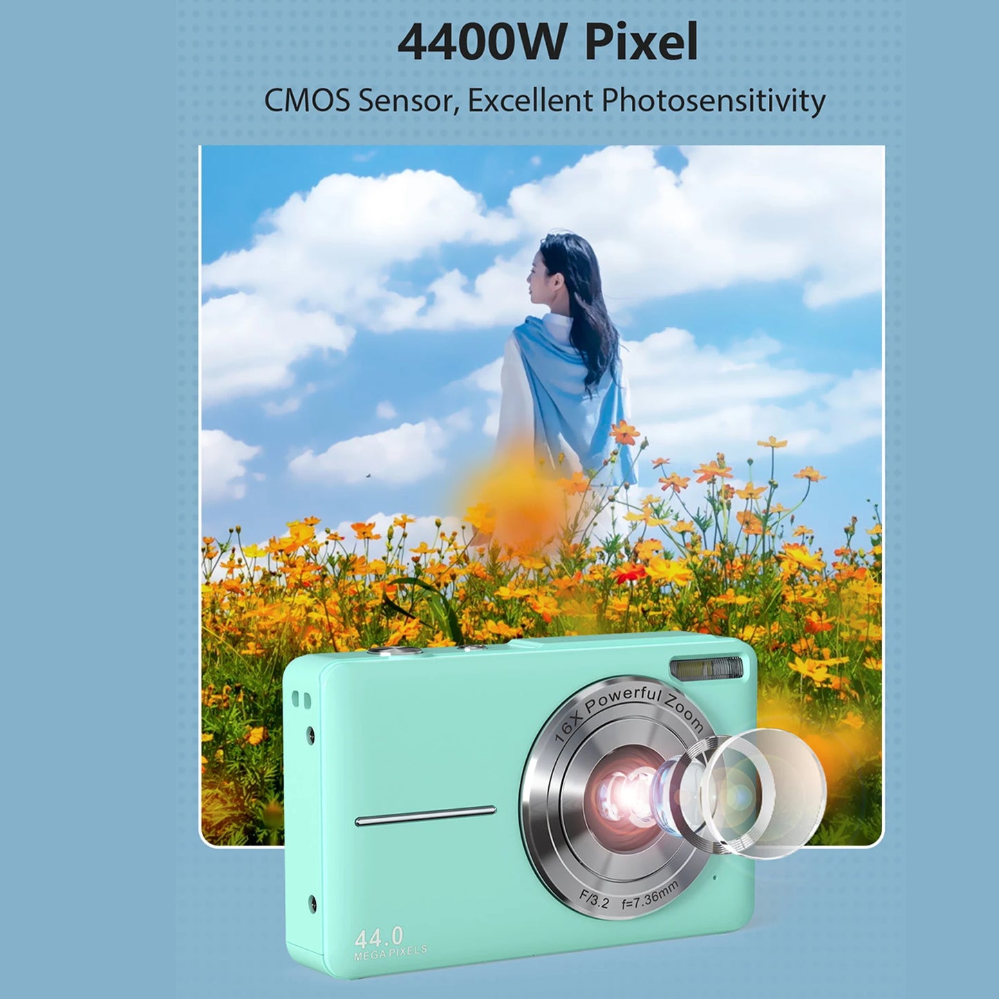 FHD 1080P 44MP Digital Camera for Photography Children with 16x Zoom Compact Cameras Point and Shoot Travel Cameras for Kids Peaceful Pleasures Health and Wellness