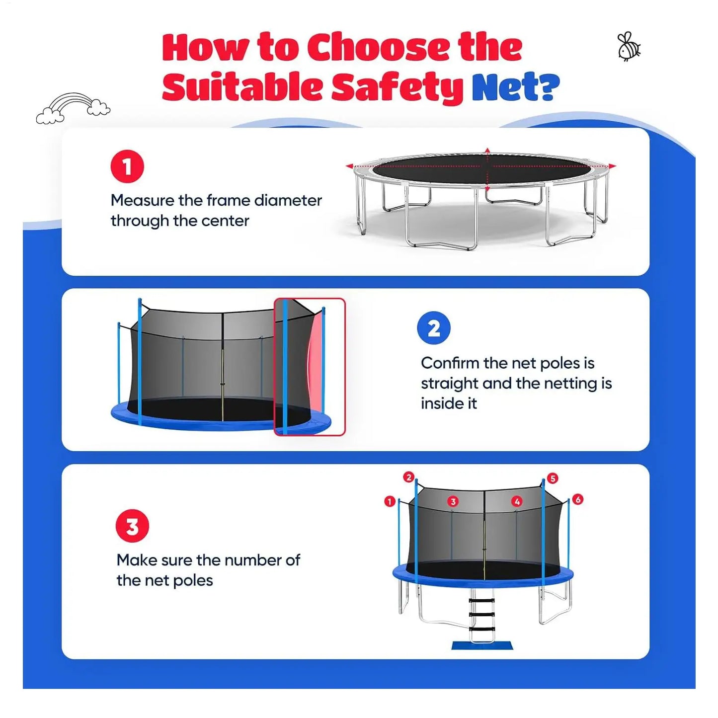 12ft & 14ft Round Trampoline Replacement Safety Net | 6 & 8 Pole