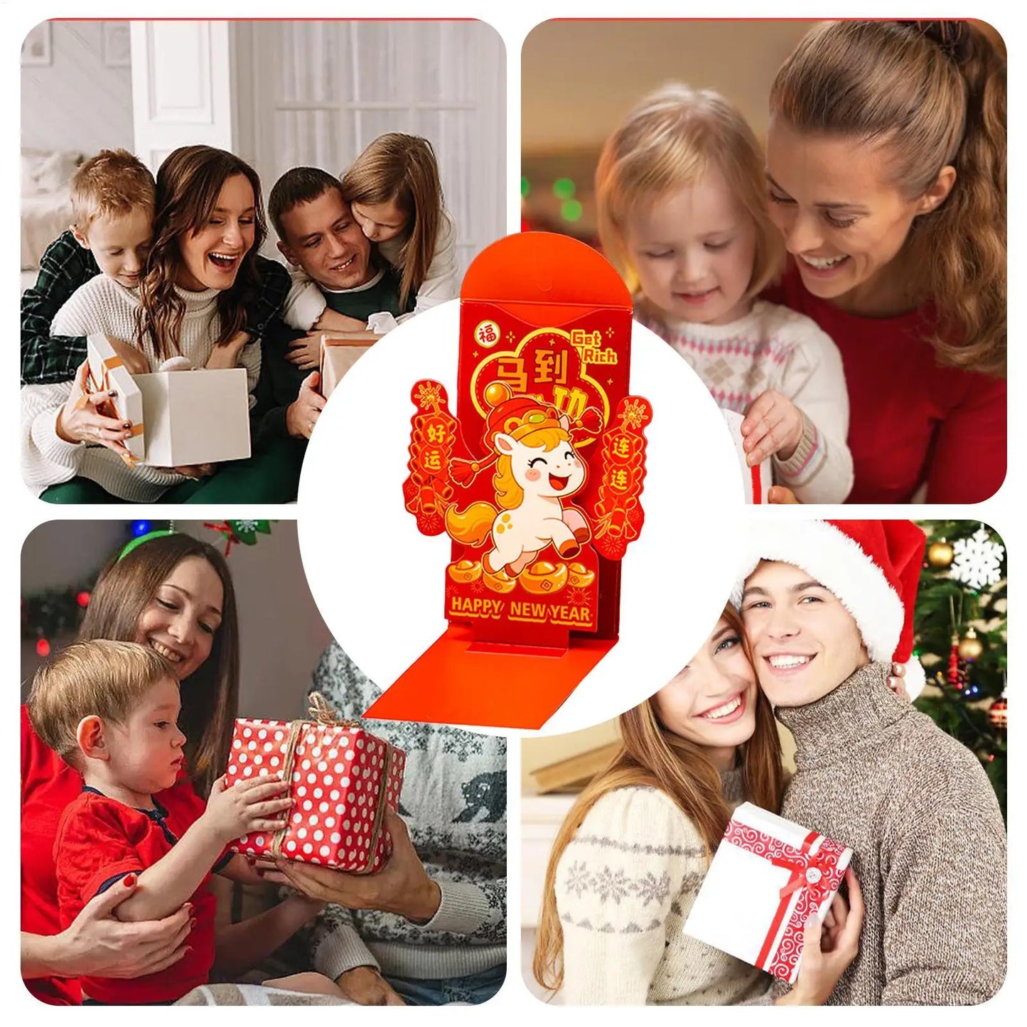 2026 Lunar New Year Red Envelopes 10pc | 3D Gold Foil Lucky Festive Gift Envelopes Peaceful Pleasures Health and Wellness
